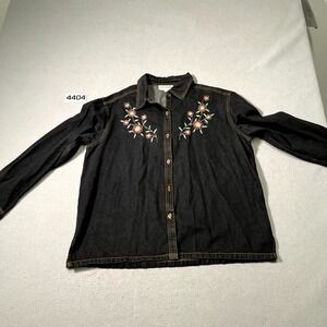 C.D. Petites Shirt Womens Large Black Denim Embroidered Floral Button Front